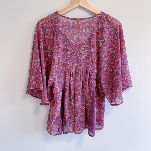 Love Fire Purple Floral Sheer Flutter Sleeve Blouse - Picture 2 of 10